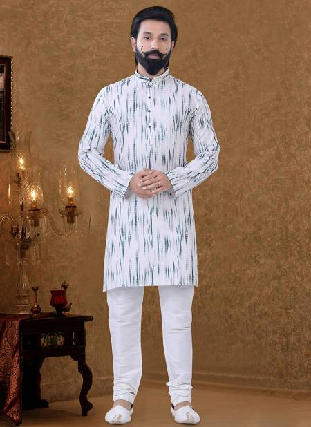 White Colour New Printed Ethnic Wear Cotton Mens Kurta Pajama Collection KS 1547
